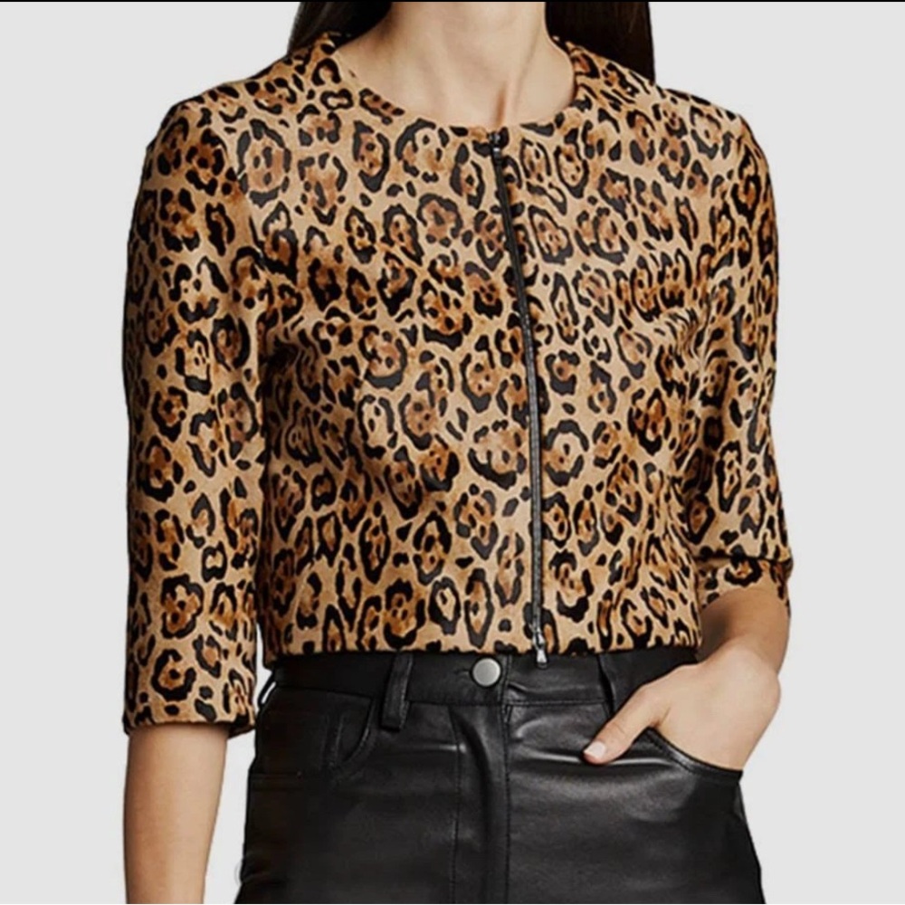 $2100 Susan Bender  Leopard Print Calf Hair Leather Bolero Jacket Sz 14 XL